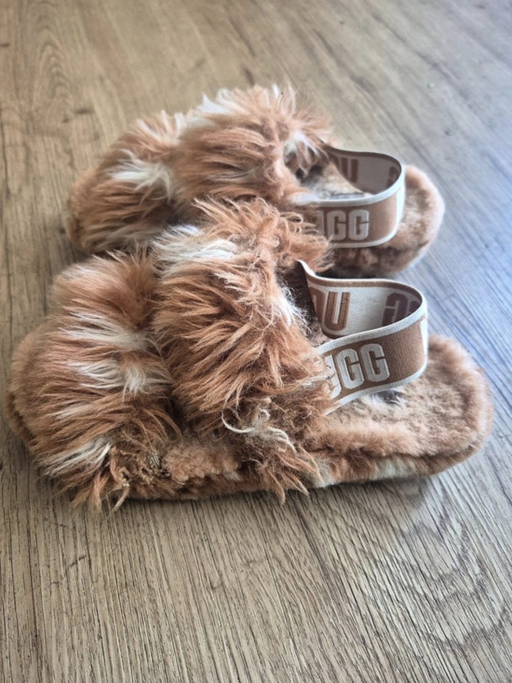 UGG Oh Yea Natural Spots Sheepskin Platform Slippers Brown Size 5